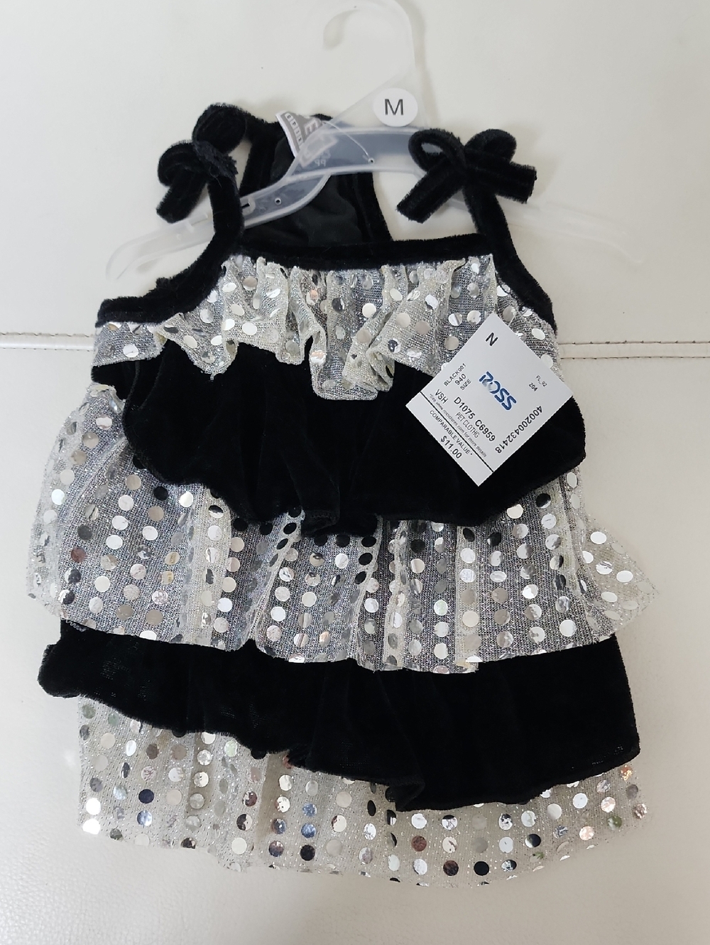 Black Velvet & Silver Sequin Tiered Dress - Dog Dress
